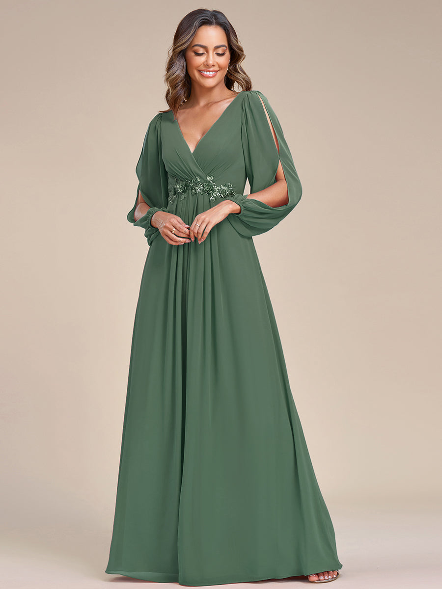 ever AMOUR|Lantern Long Slit Sleeve Deep V Applique Maxi Evening Dress