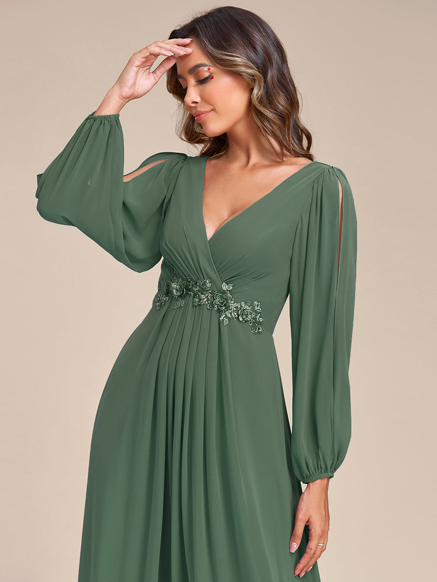 ever AMOUR|Lantern Long Slit Sleeve Deep V Applique Maxi Evening Dress