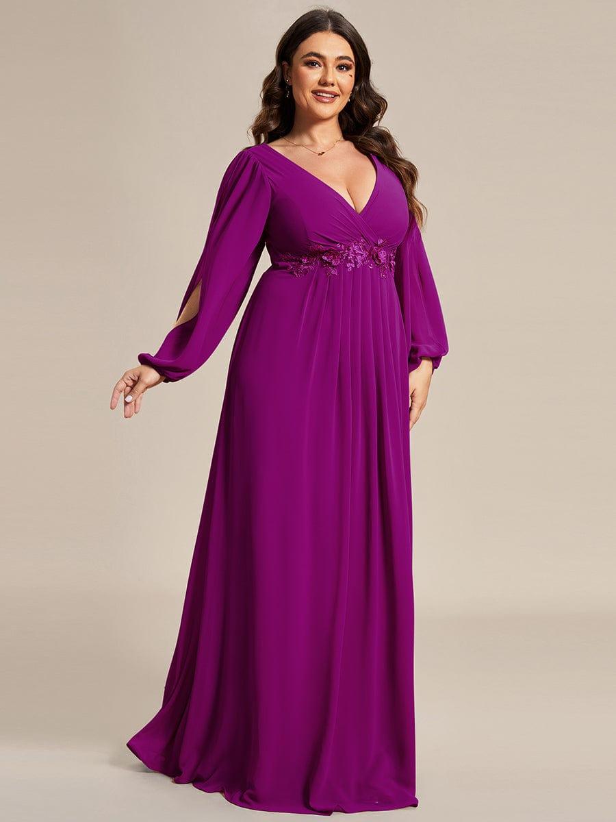 ever AMOUR|Lantern Long Slit Sleeve Deep V Applique Maxi Evening Dress