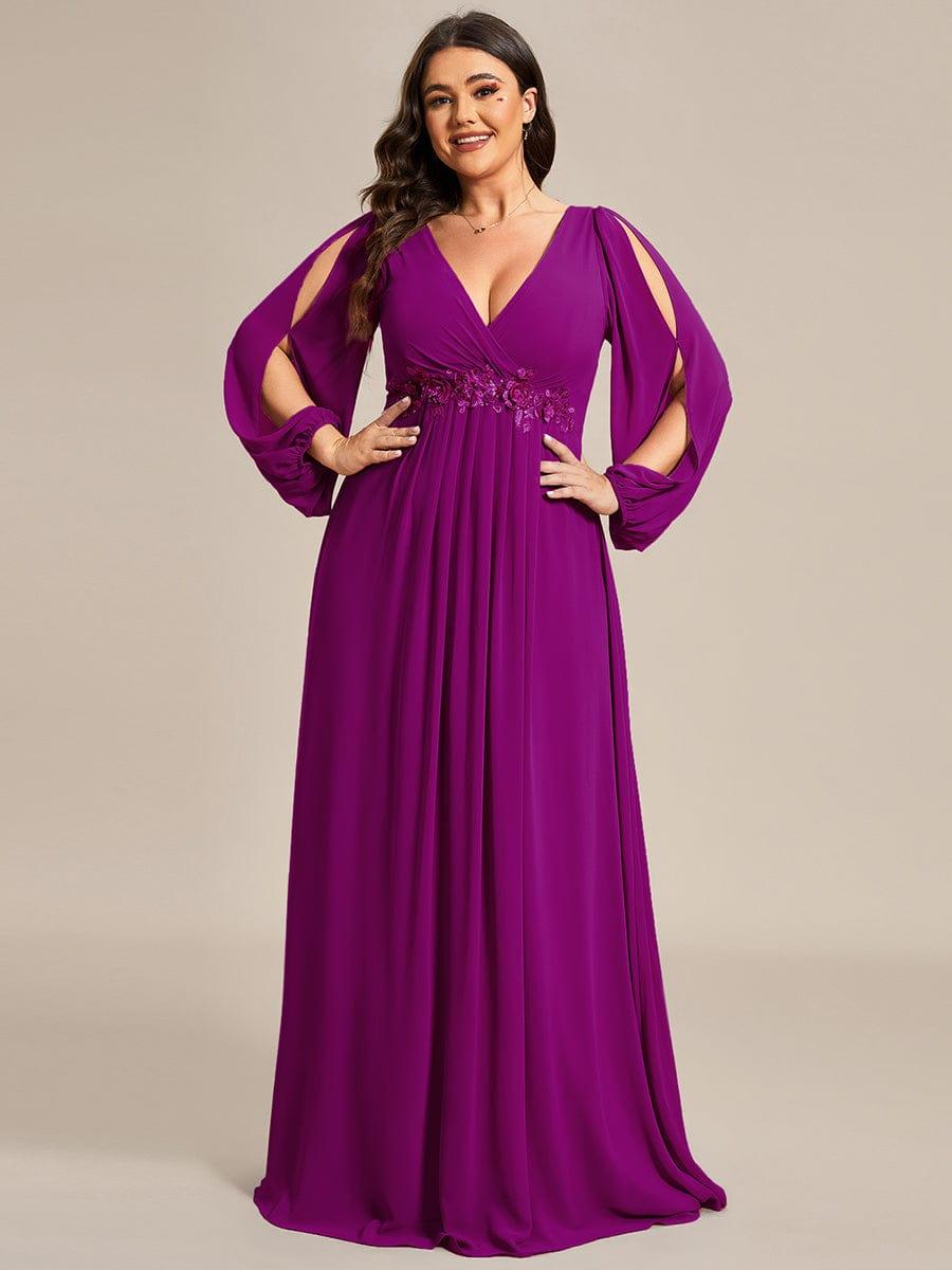 ever AMOUR|Lantern Long Slit Sleeve Deep V Applique Maxi Evening Dress