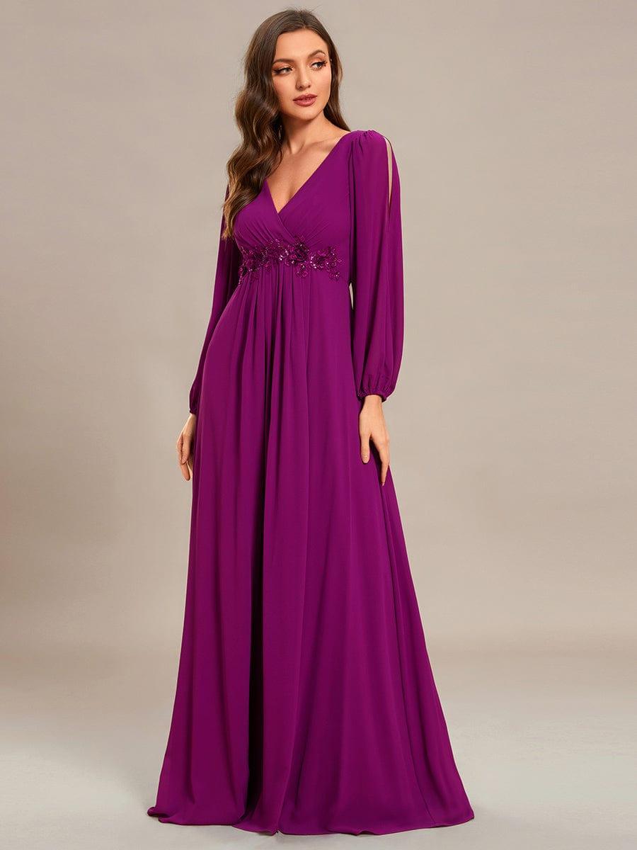 ever AMOUR|Lantern Long Slit Sleeve Deep V Applique Maxi Evening Dress