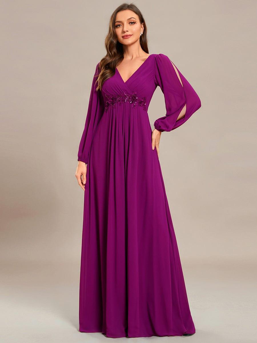 ever AMOUR|Lantern Long Slit Sleeve Deep V Applique Maxi Evening Dress