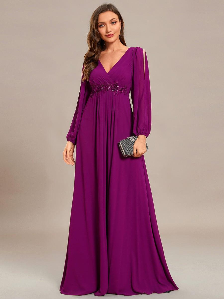 ever AMOUR|Lantern Long Slit Sleeve Deep V Applique Maxi Evening Dress