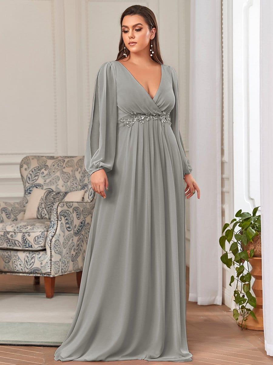 ever AMOUR|Lantern Long Slit Sleeve Deep V Applique Maxi Evening Dress