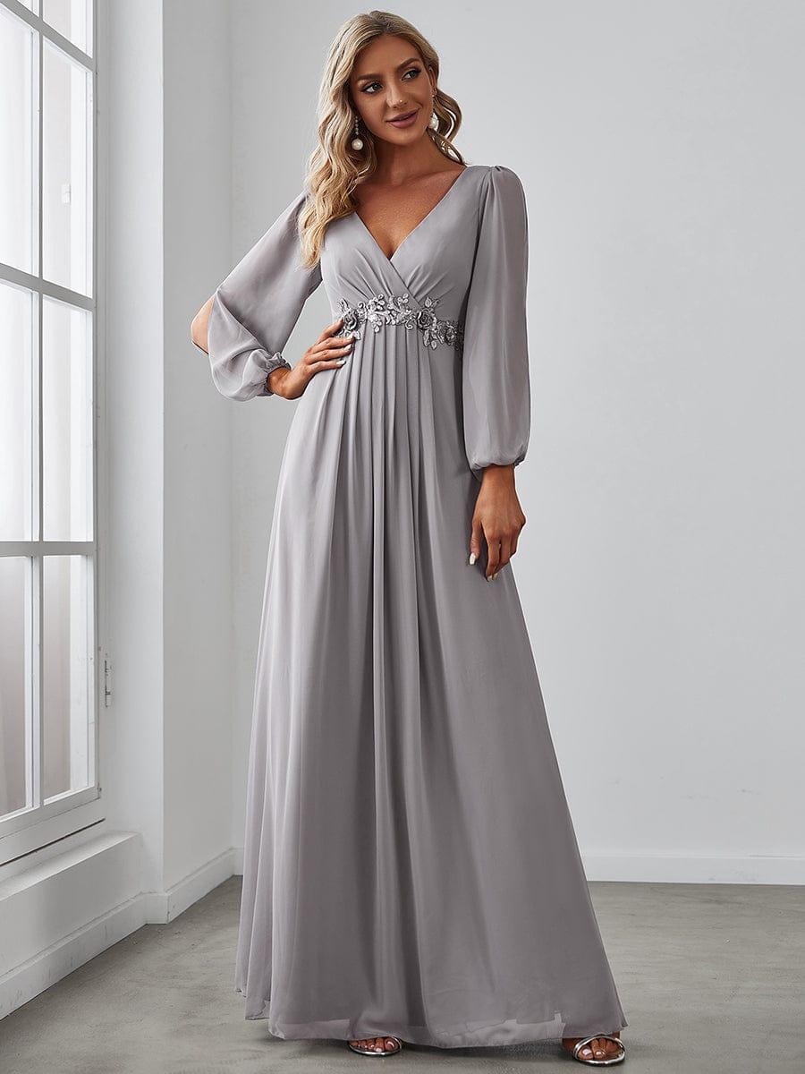 ever AMOUR|Lantern Long Slit Sleeve Deep V Applique Maxi Evening Dress