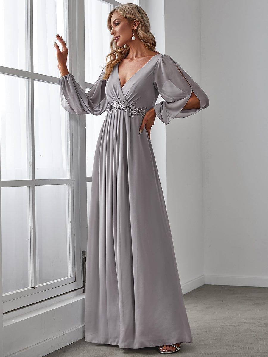 ever AMOUR|Lantern Long Slit Sleeve Deep V Applique Maxi Evening Dress