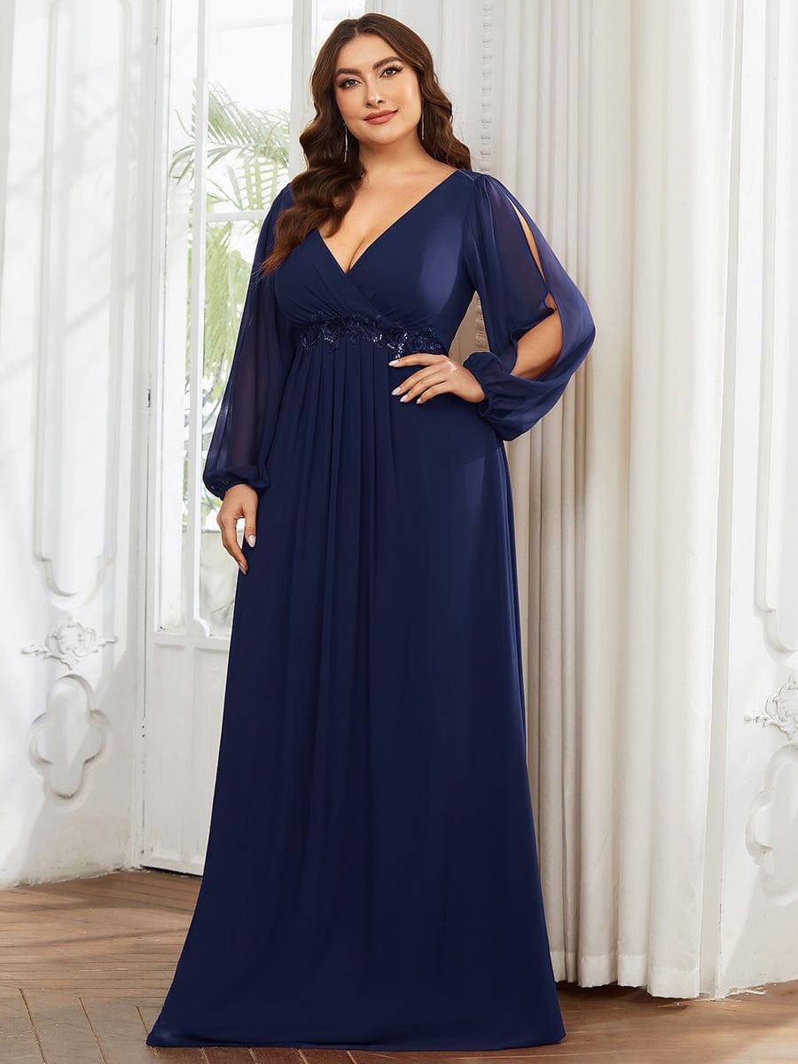 ever AMOUR|Lantern Long Slit Sleeve Deep V Applique Maxi Evening Dress
