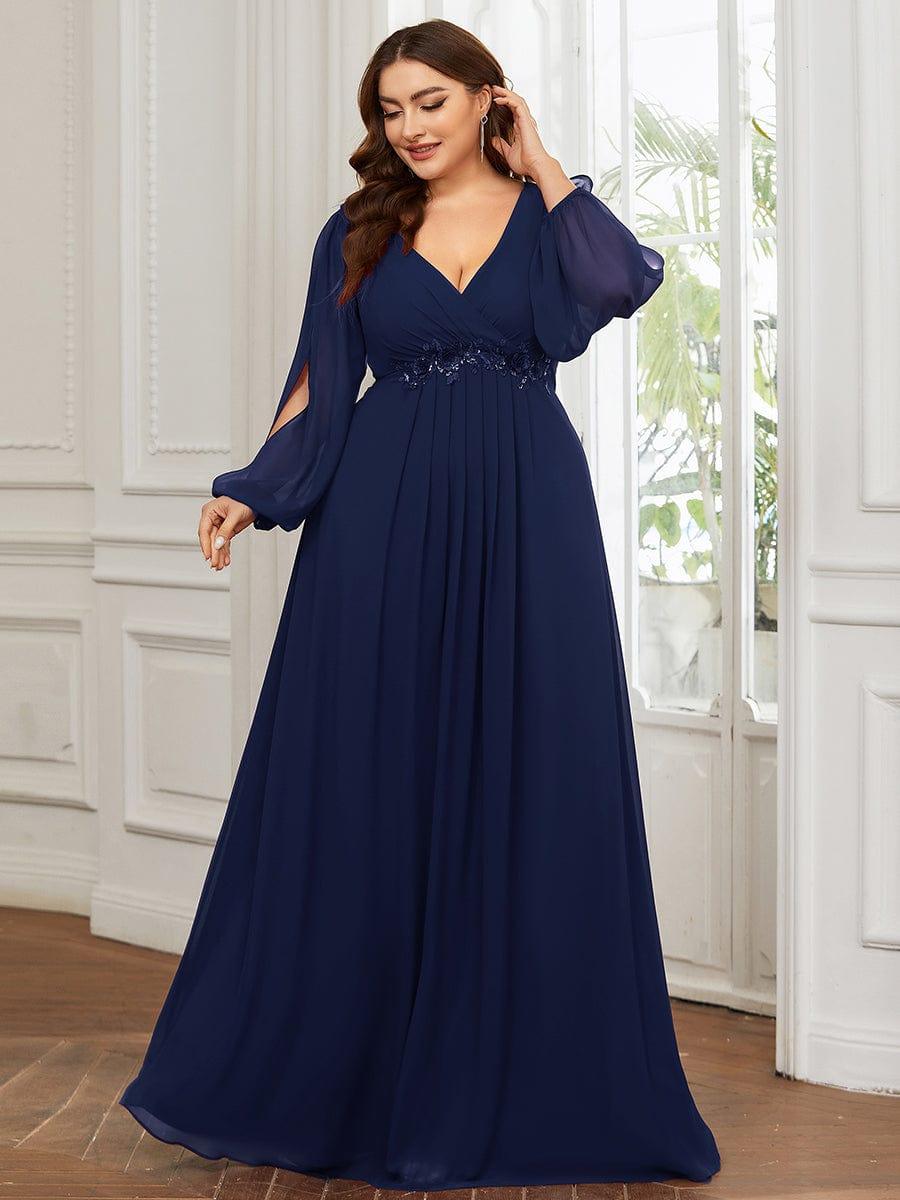 ever AMOUR|Lantern Long Slit Sleeve Deep V Applique Maxi Evening Dress