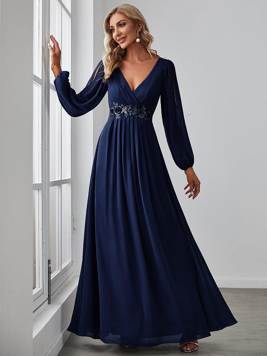 ever AMOUR|Lantern Long Slit Sleeve Deep V Applique Maxi Evening Dress