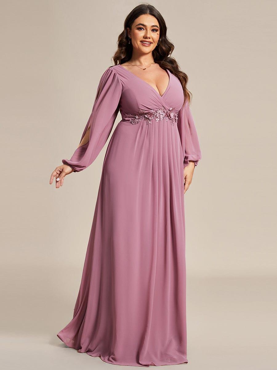ever AMOUR|Lantern Long Slit Sleeve Deep V Applique Maxi Evening Dress
