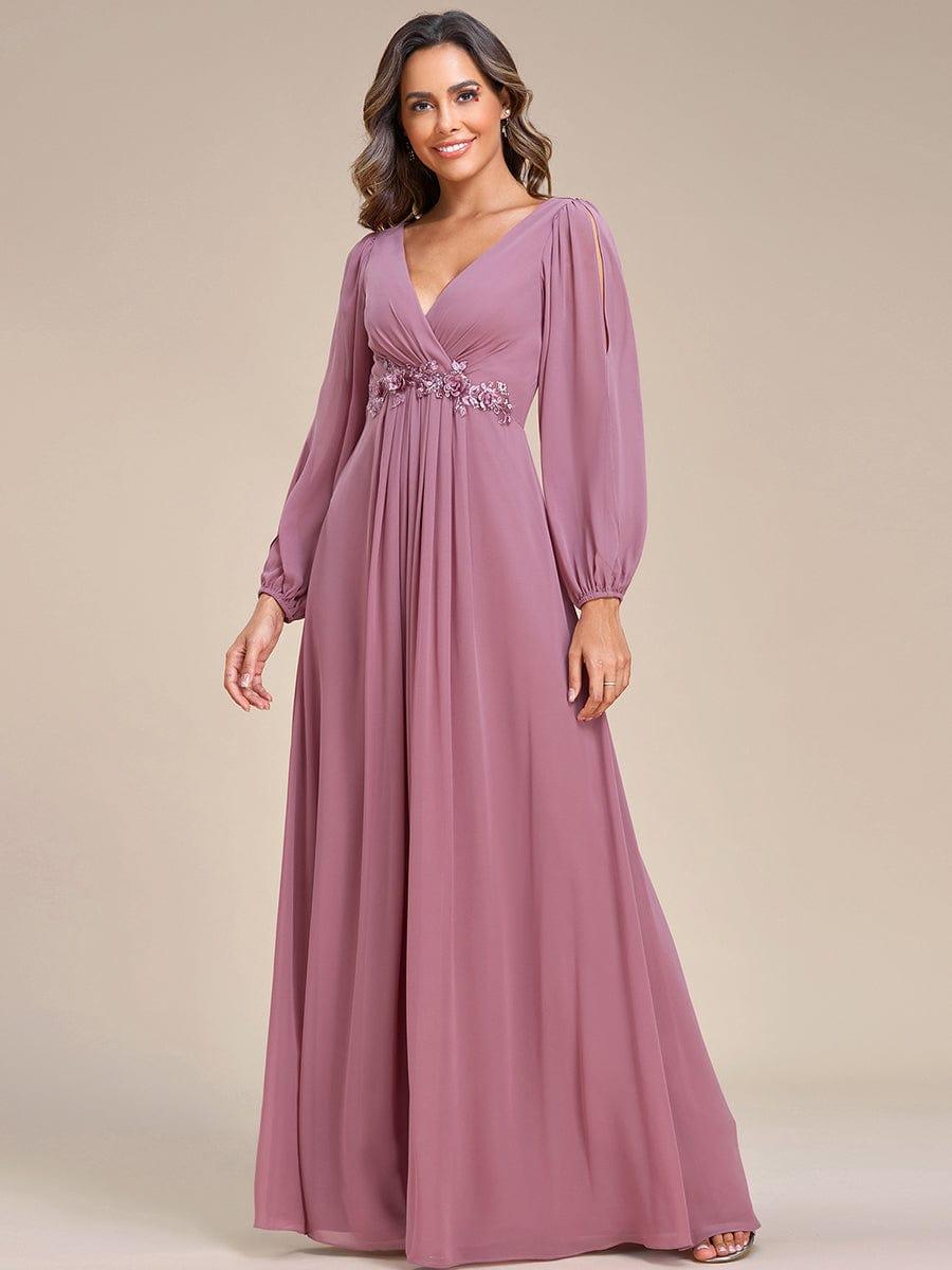 ever AMOUR|Lantern Long Slit Sleeve Deep V Applique Maxi Evening Dress