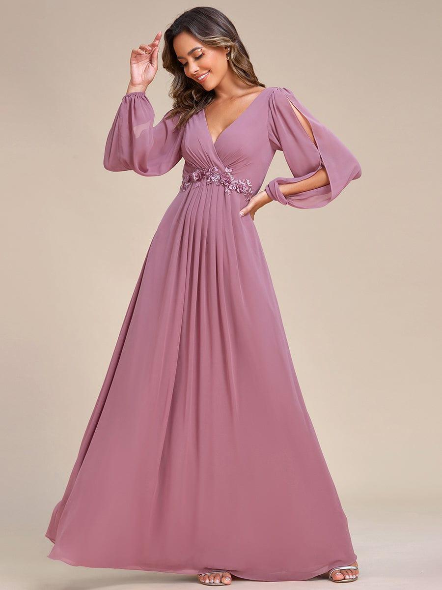 ever AMOUR|Lantern Long Slit Sleeve Deep V Applique Maxi Evening Dress