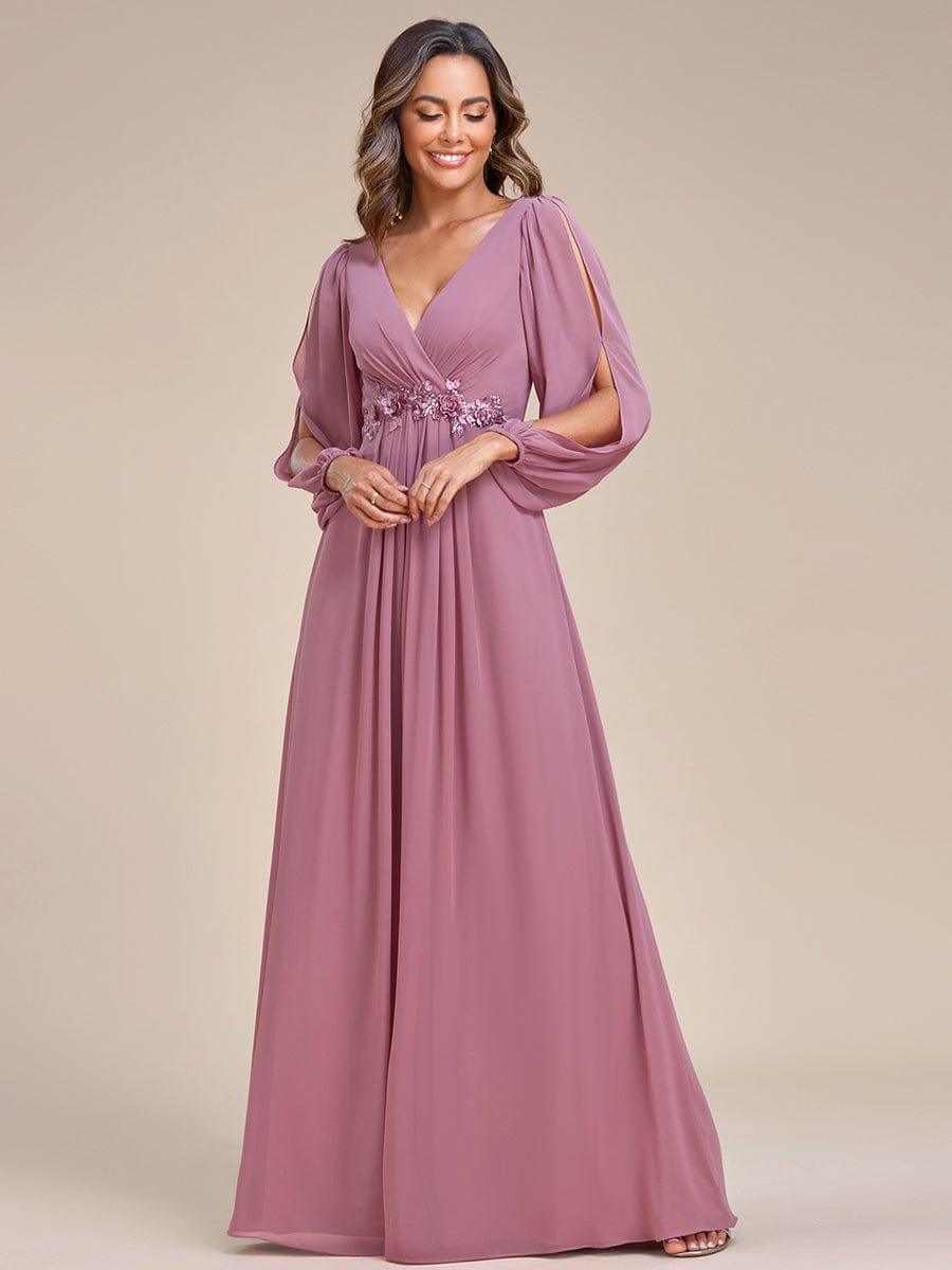ever AMOUR|Lantern Long Slit Sleeve Deep V Applique Maxi Evening Dress
