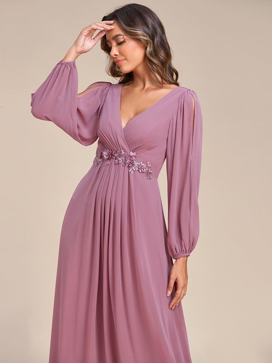 ever AMOUR|Lantern Long Slit Sleeve Deep V Applique Maxi Evening Dress