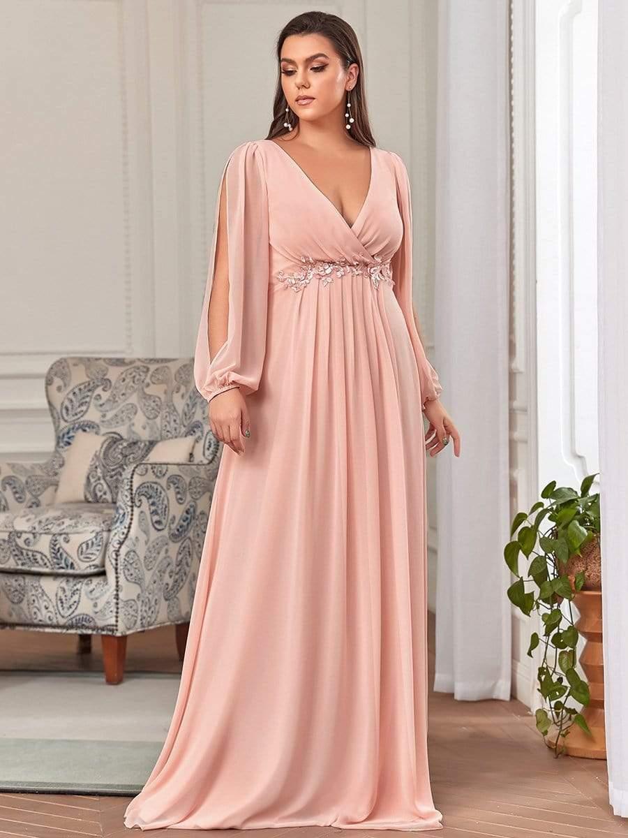 ever AMOUR|Lantern Long Slit Sleeve Deep V Applique Maxi Evening Dress