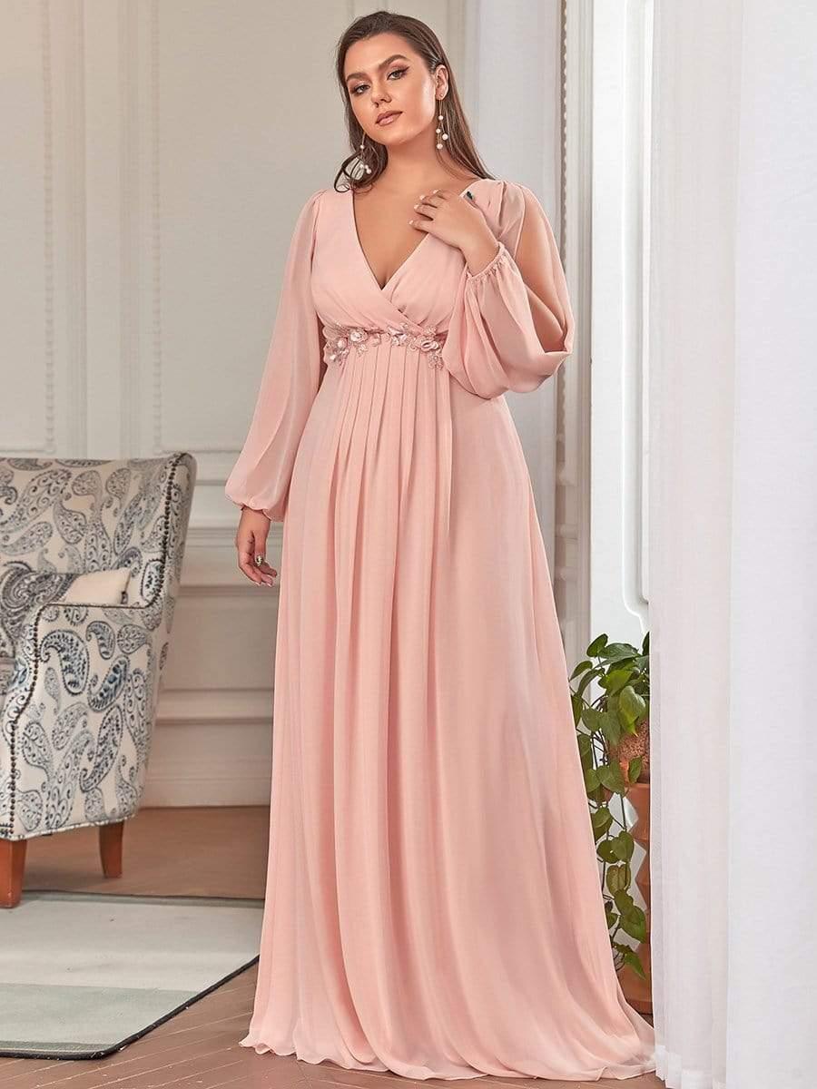 ever AMOUR|Lantern Long Slit Sleeve Deep V Applique Maxi Evening Dress