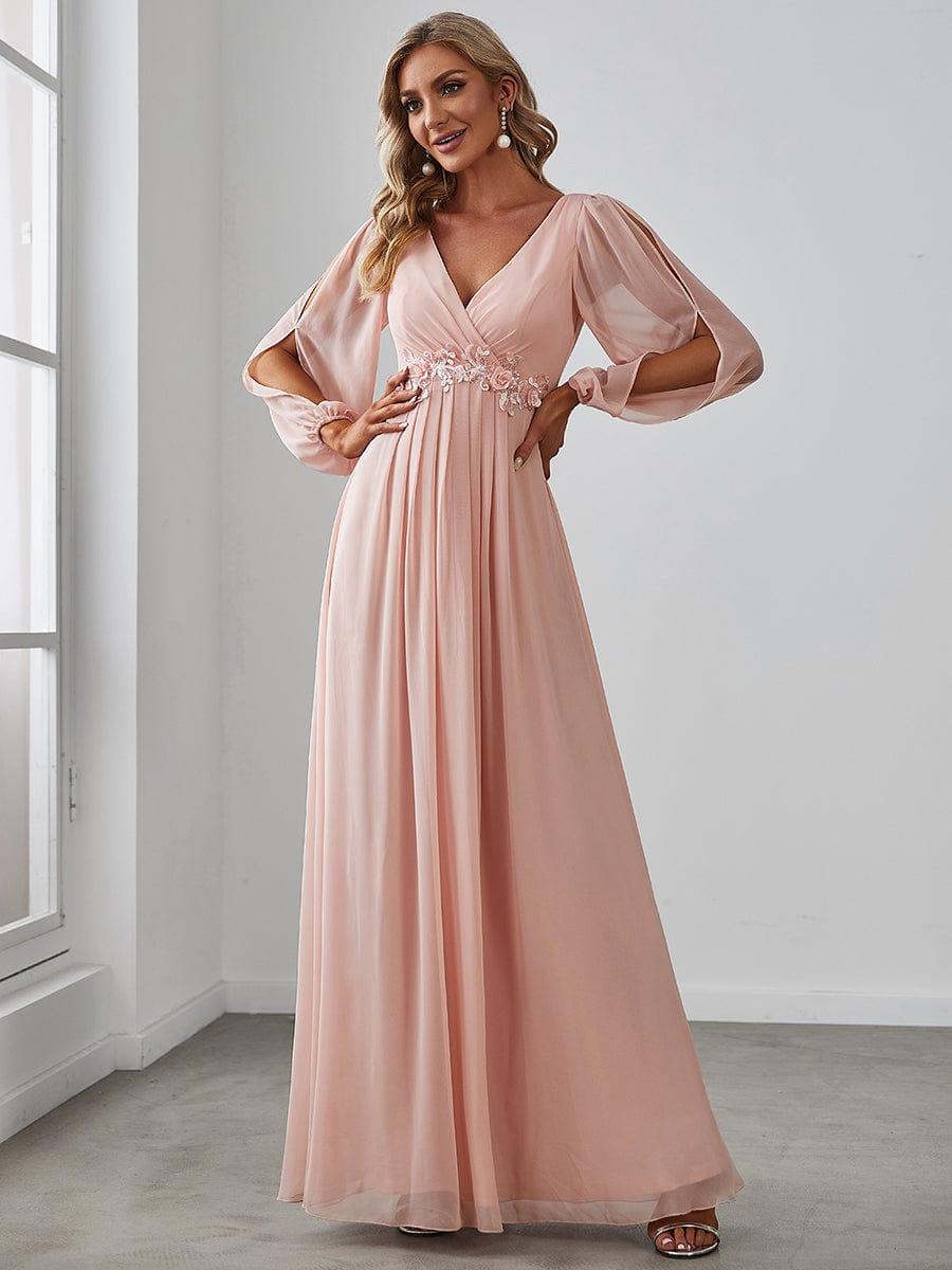ever AMOUR|Lantern Long Slit Sleeve Deep V Applique Maxi Evening Dress