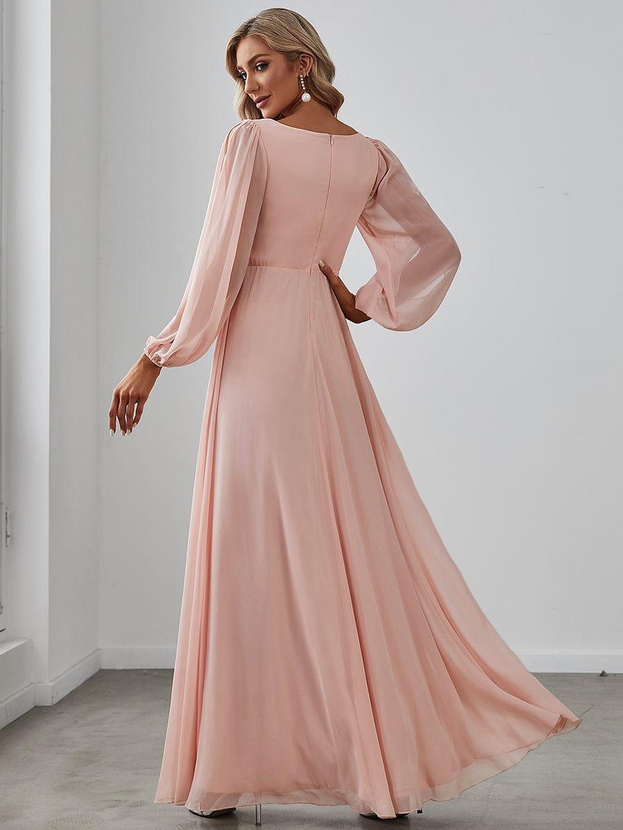 ever AMOUR|Lantern Long Slit Sleeve Deep V Applique Maxi Evening Dress