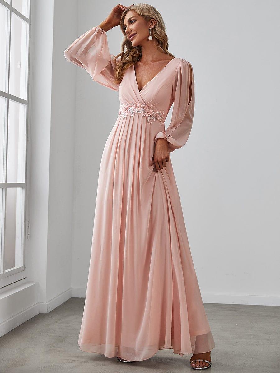 ever AMOUR|Lantern Long Slit Sleeve Deep V Applique Maxi Evening Dress