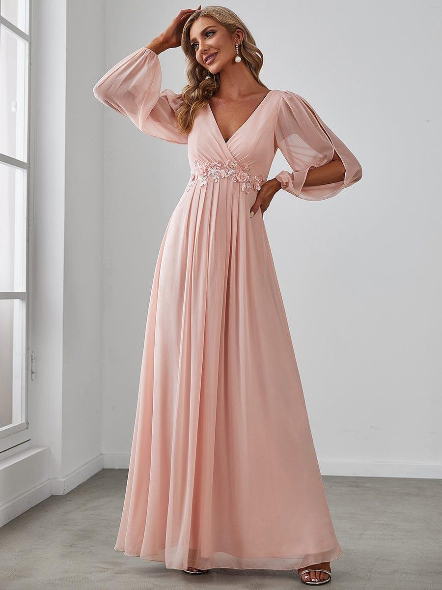 ever AMOUR|Lantern Long Slit Sleeve Deep V Applique Maxi Evening Dress