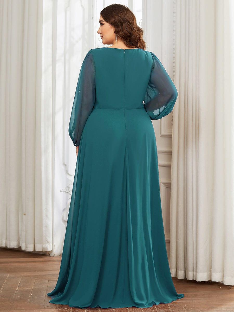 ever AMOUR|Lantern Long Slit Sleeve Deep V Applique Maxi Evening Dress