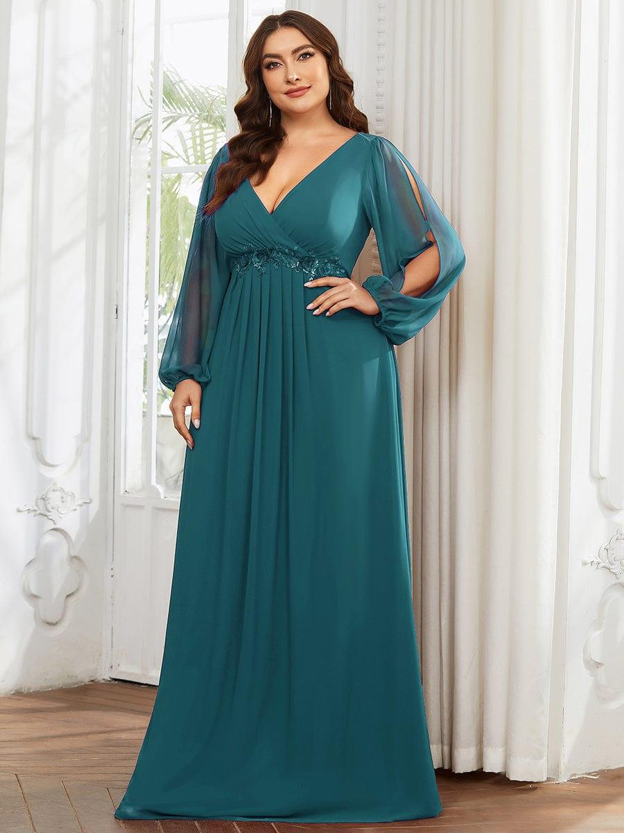 ever AMOUR|Lantern Long Slit Sleeve Deep V Applique Maxi Evening Dress