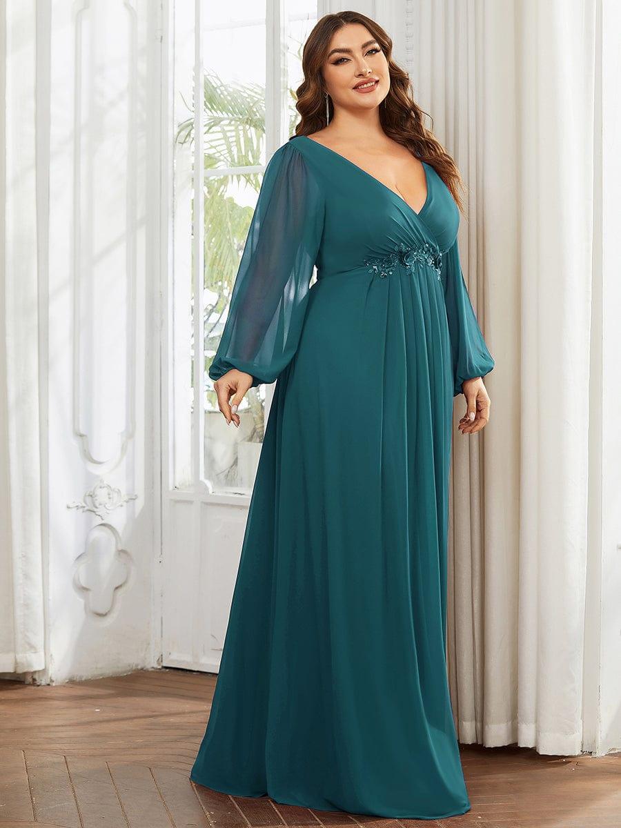 ever AMOUR|Lantern Long Slit Sleeve Deep V Applique Maxi Evening Dress