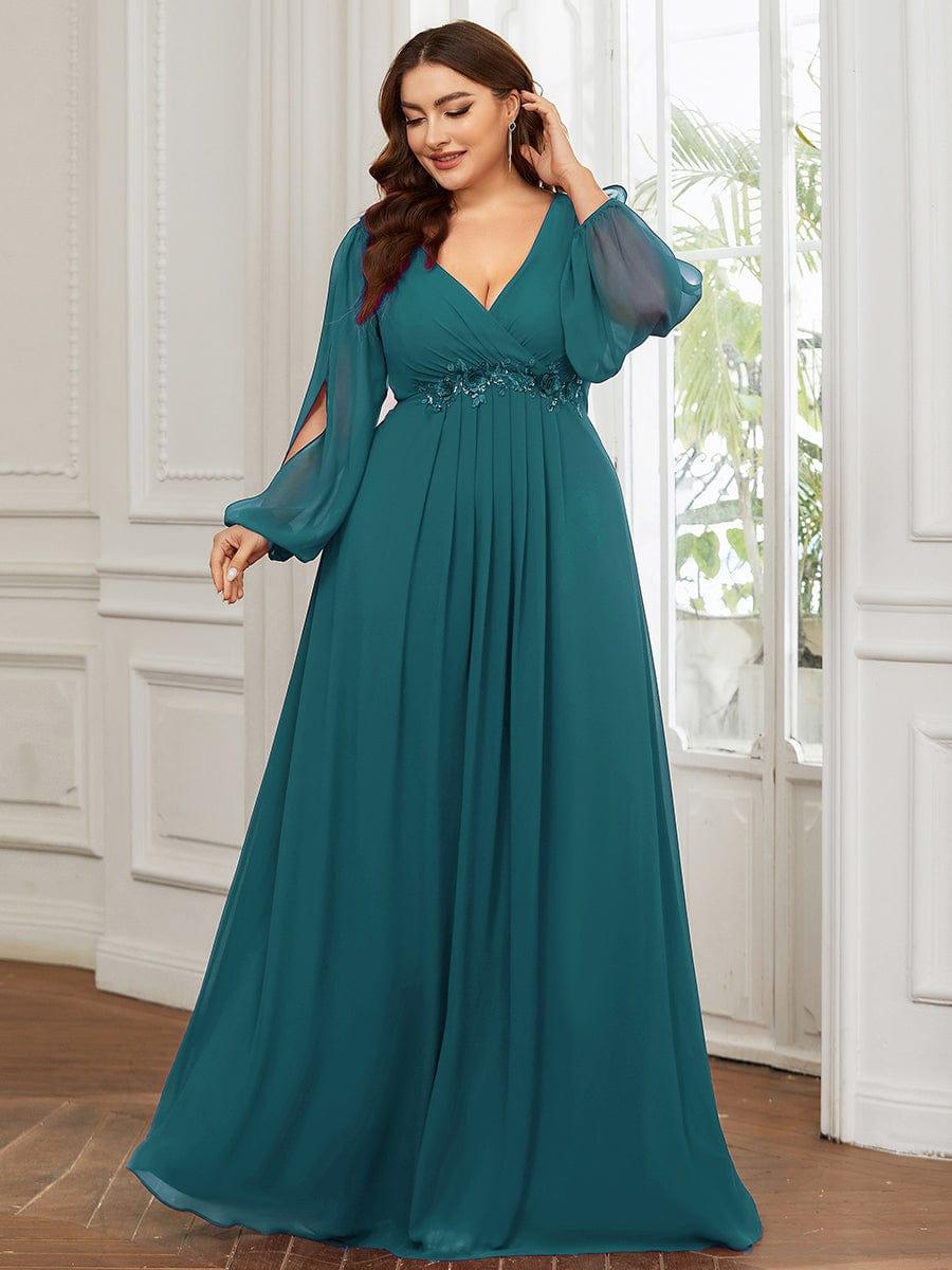 ever AMOUR|Lantern Long Slit Sleeve Deep V Applique Maxi Evening Dress