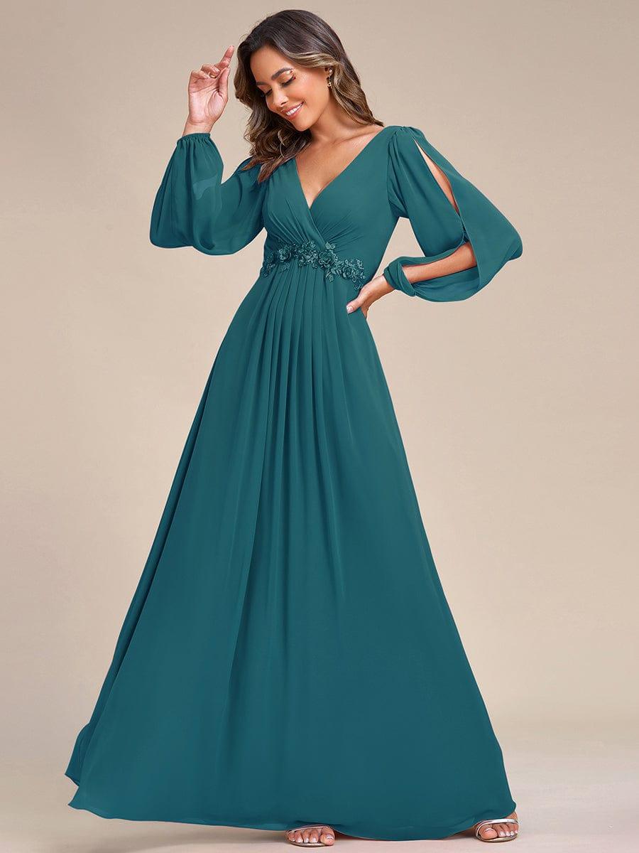 ever AMOUR|Lantern Long Slit Sleeve Deep V Applique Maxi Evening Dress