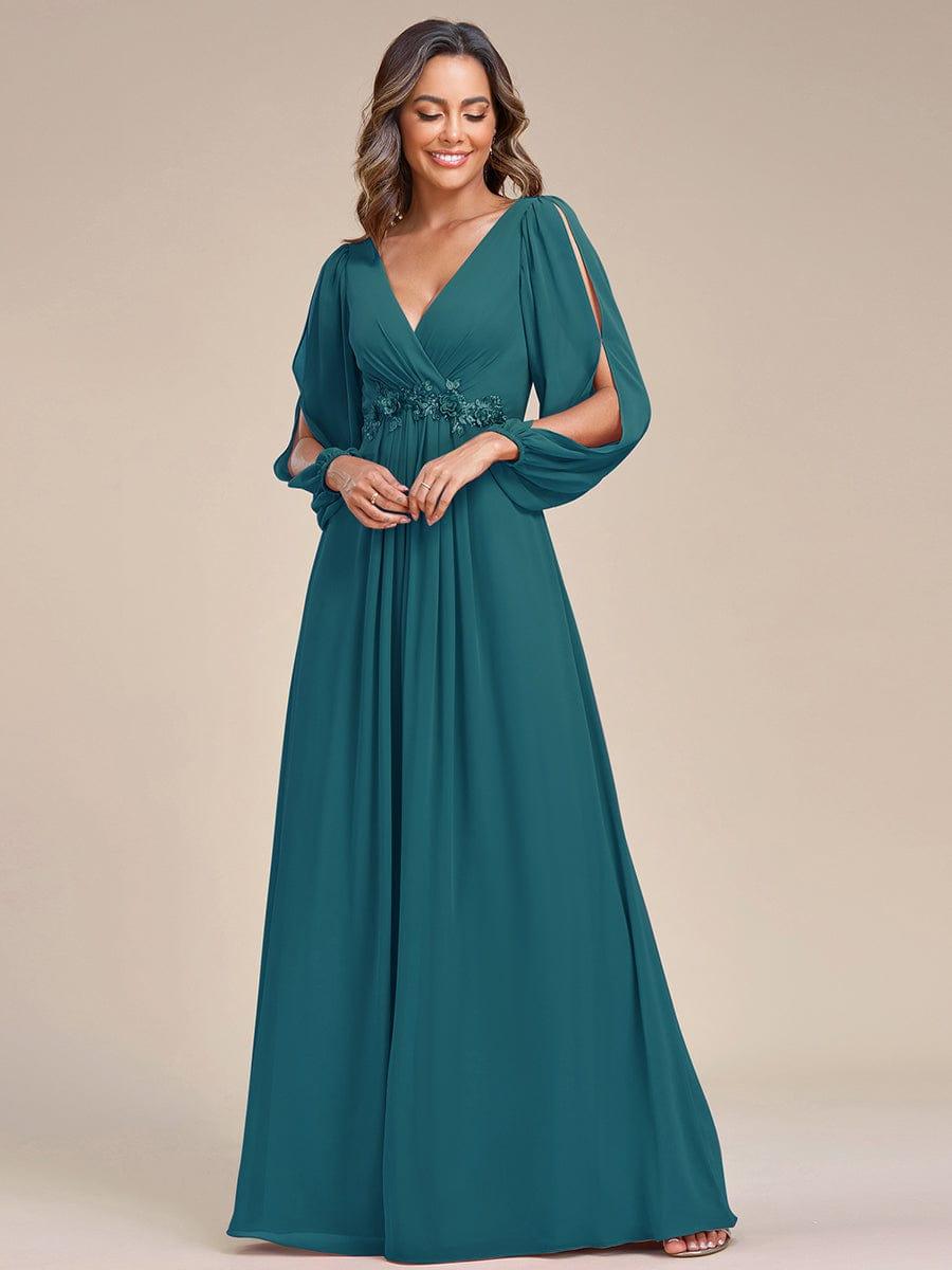 ever AMOUR|Lantern Long Slit Sleeve Deep V Applique Maxi Evening Dress