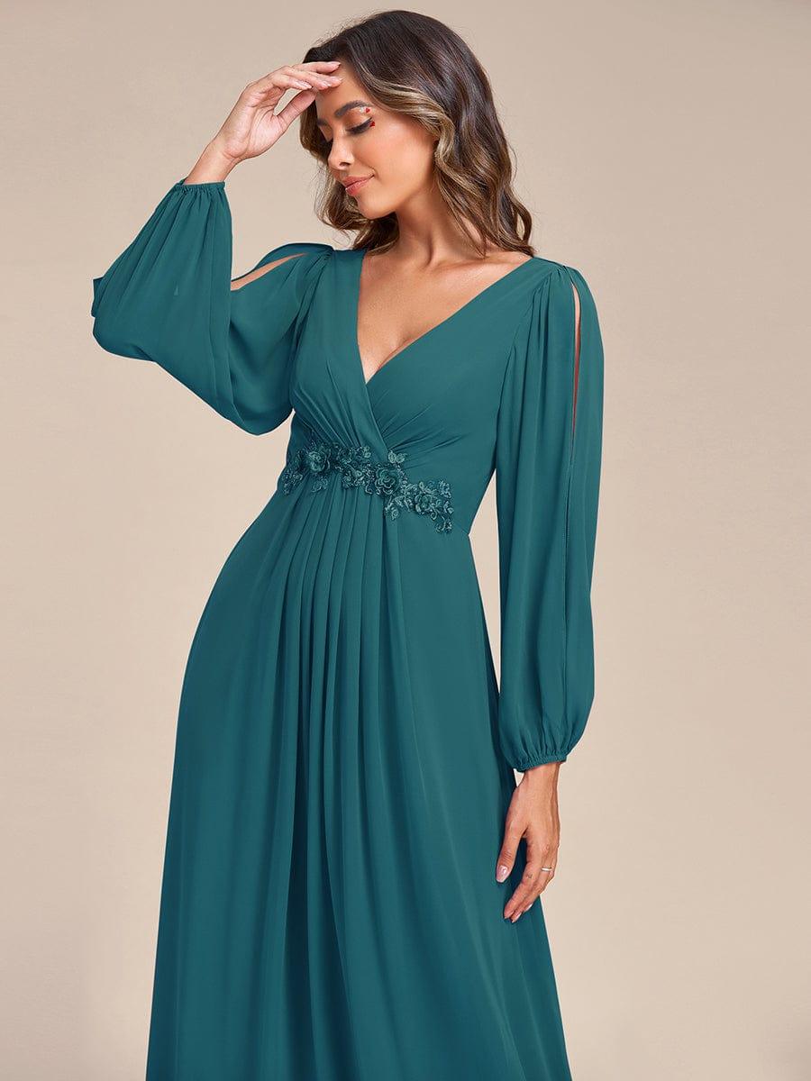 ever AMOUR|Lantern Long Slit Sleeve Deep V Applique Maxi Evening Dress