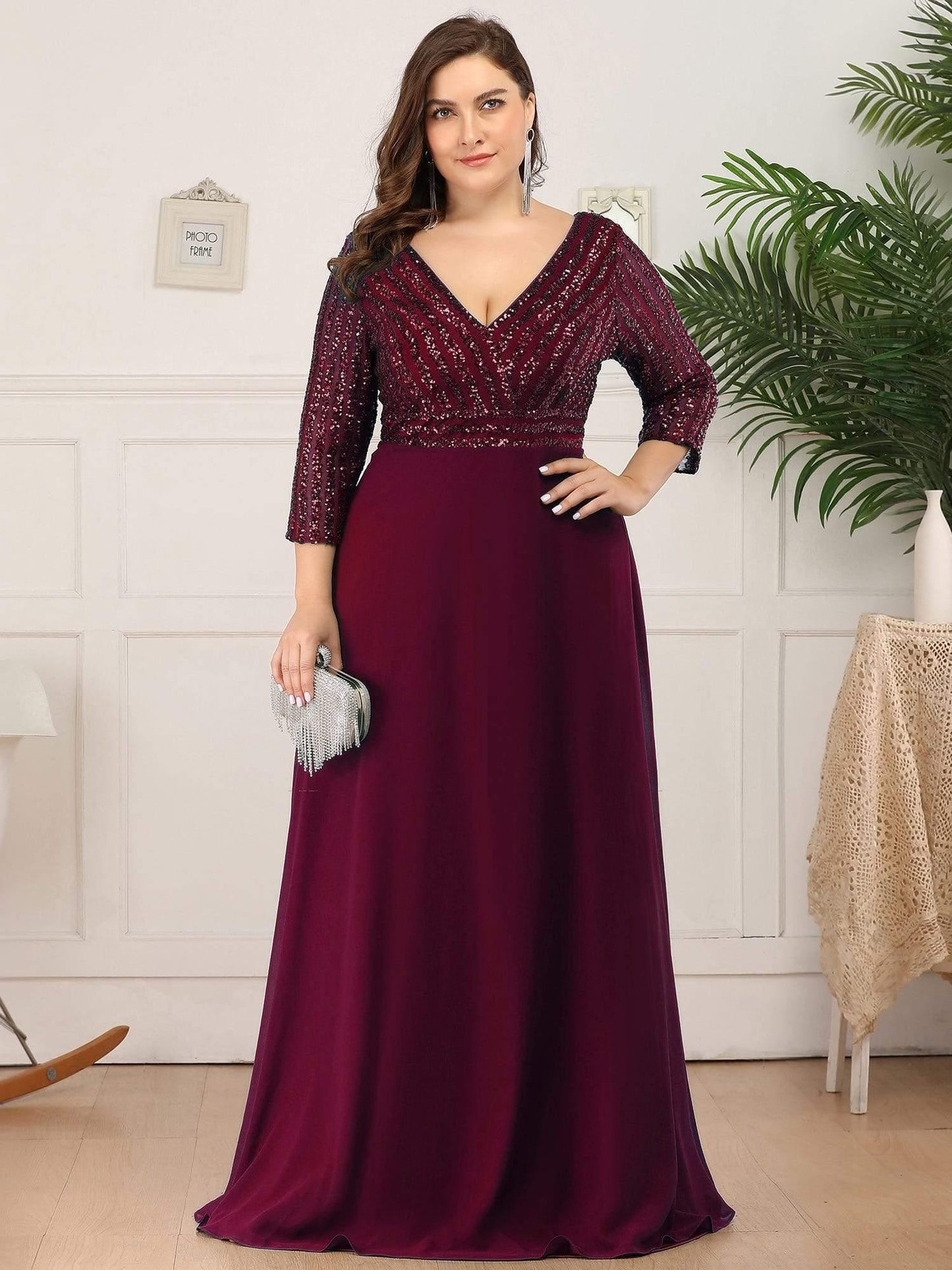 ever LUENA|Sexy V Neck A-Line Sequin Evening Dresses with 3/4 Sleeve