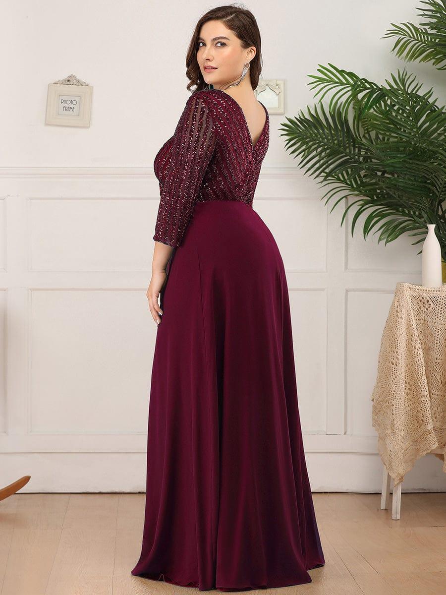 ever LUENA|Sexy V Neck A-Line Sequin Evening Dresses with 3/4 Sleeve