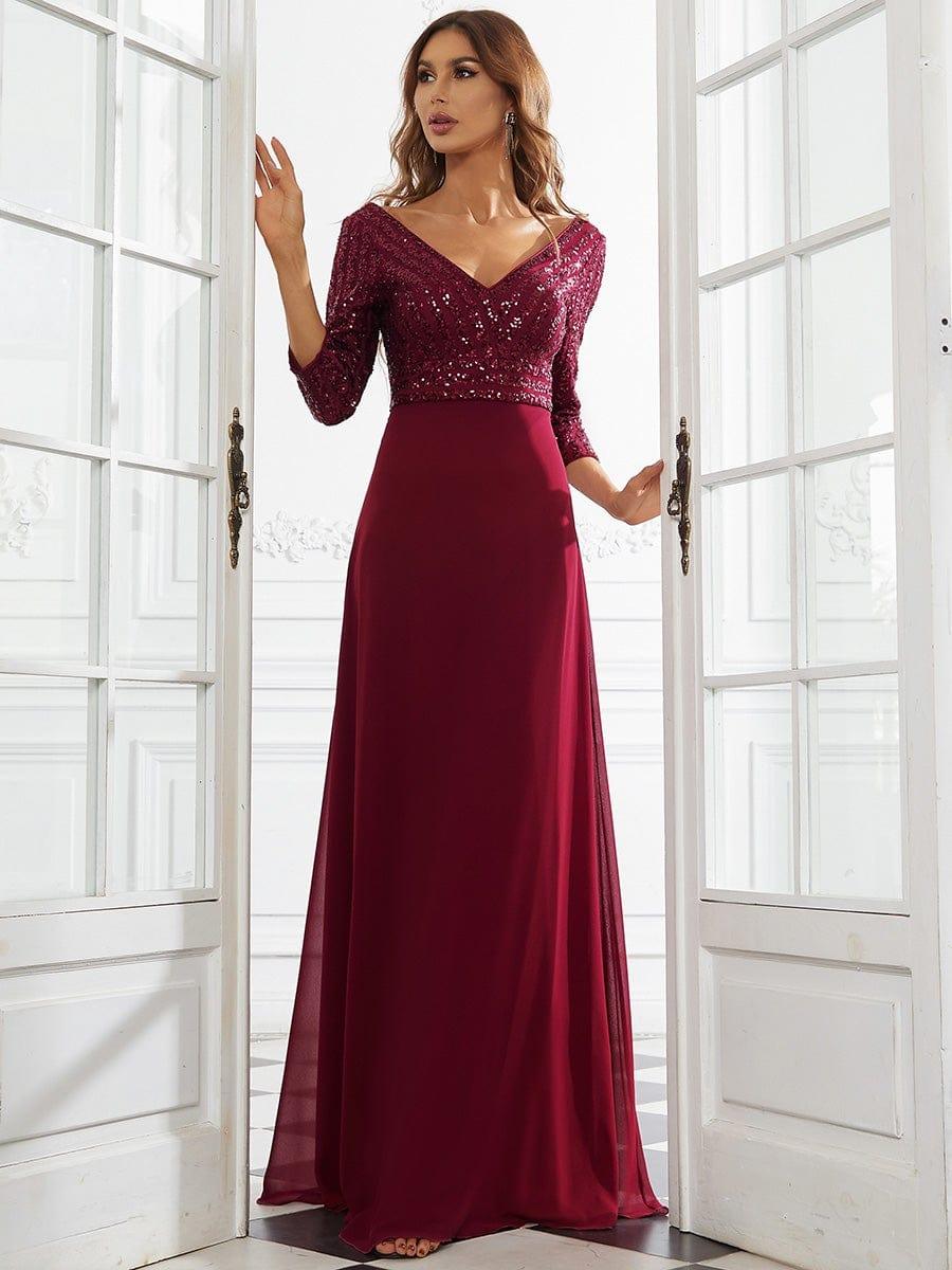 ever LUENA|Sexy V Neck A-Line Sequin Evening Dresses with 3/4 Sleeve