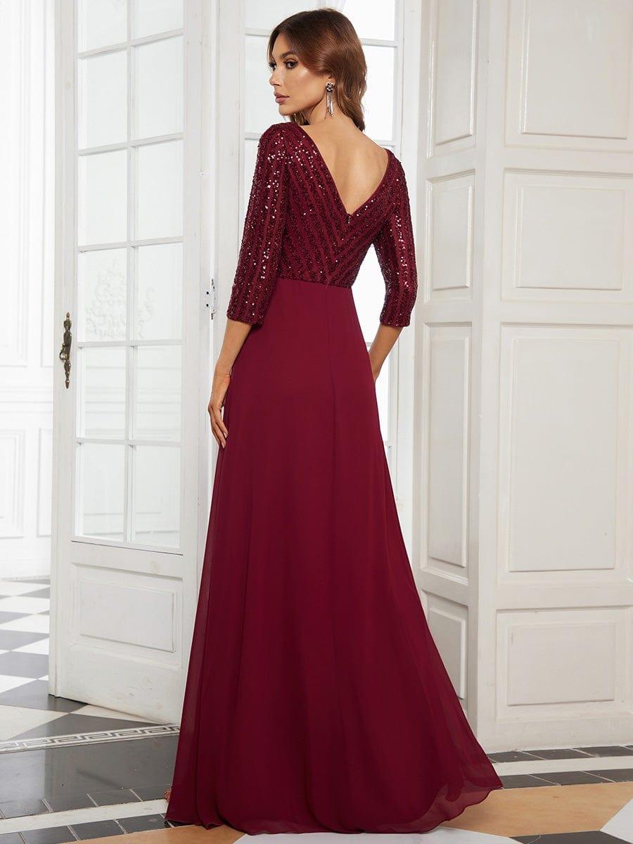 ever LUENA|Sexy V Neck A-Line Sequin Evening Dresses with 3/4 Sleeve