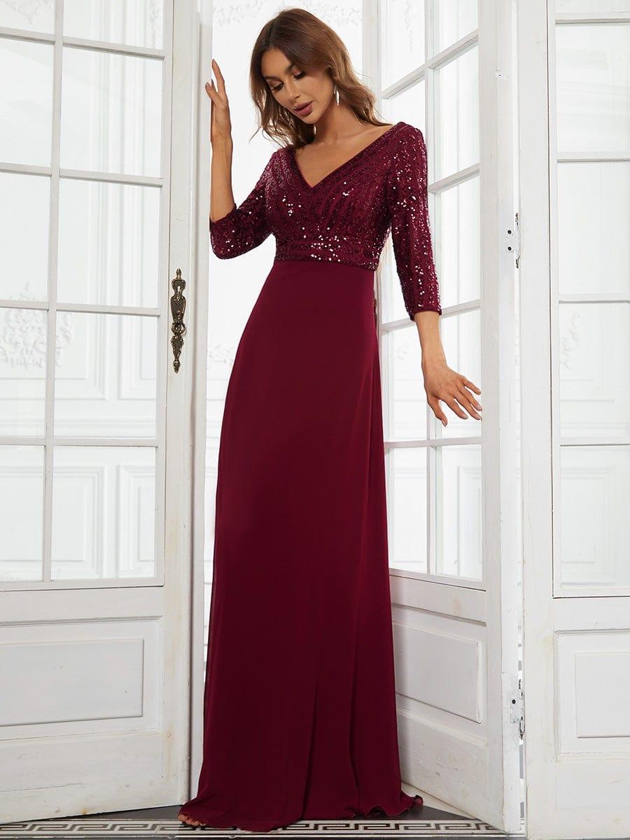 ever LUENA|Sexy V Neck A-Line Sequin Evening Dresses with 3/4 Sleeve