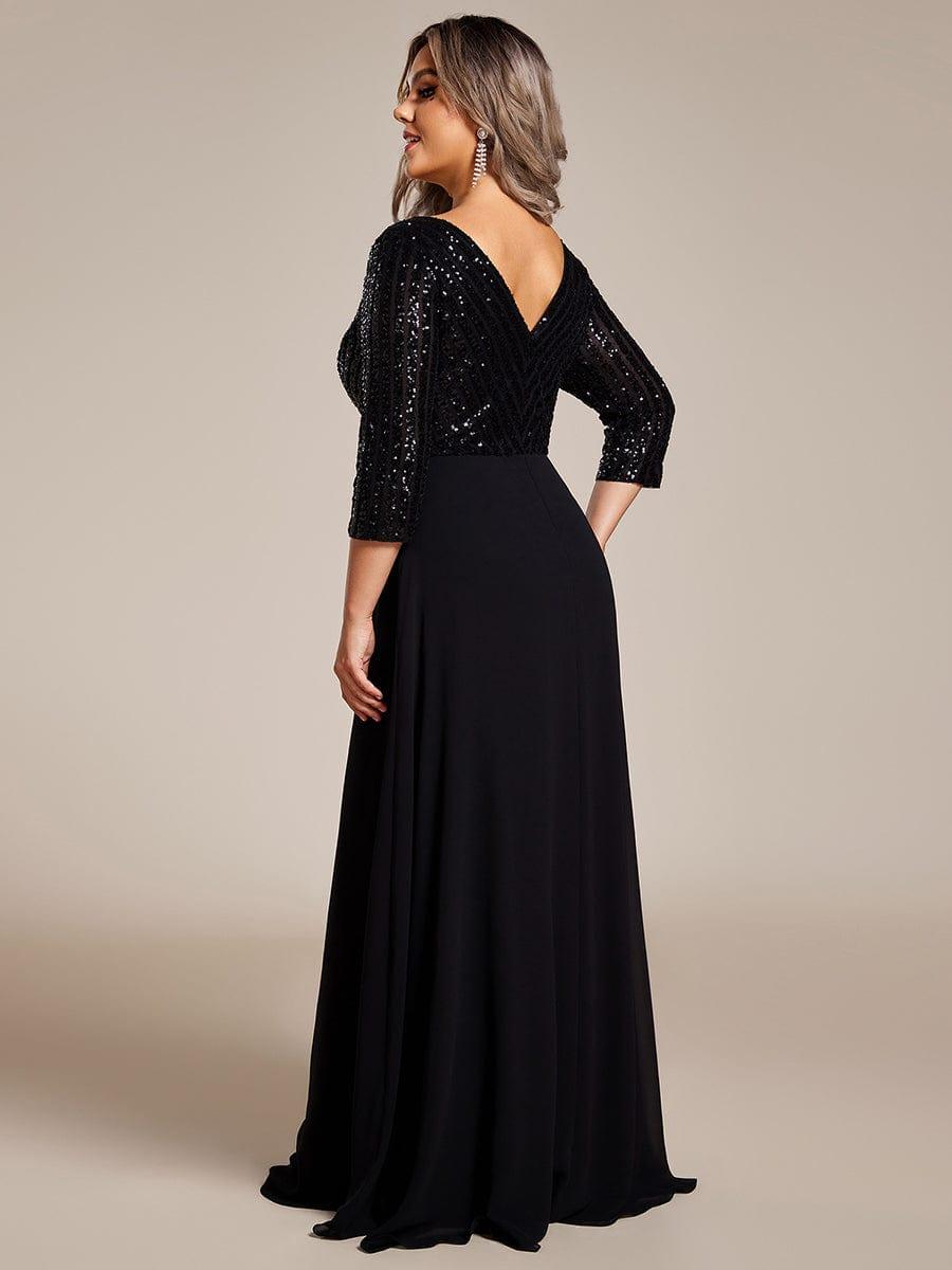 ever LUENA|Sexy V Neck A-Line Sequin Evening Dresses with 3/4 Sleeve