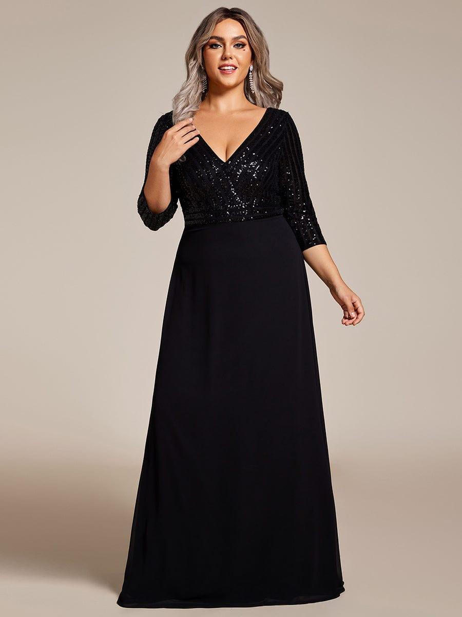 ever LUENA|Sexy V Neck A-Line Sequin Evening Dresses with 3/4 Sleeve