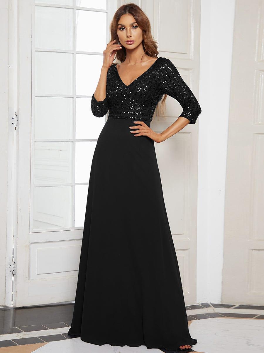 ever LUENA|Sexy V Neck A-Line Sequin Evening Dresses with 3/4 Sleeve