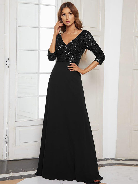ever LUENA|Sexy V Neck A-Line Sequin Evening Dresses with 3/4 Sleeve
