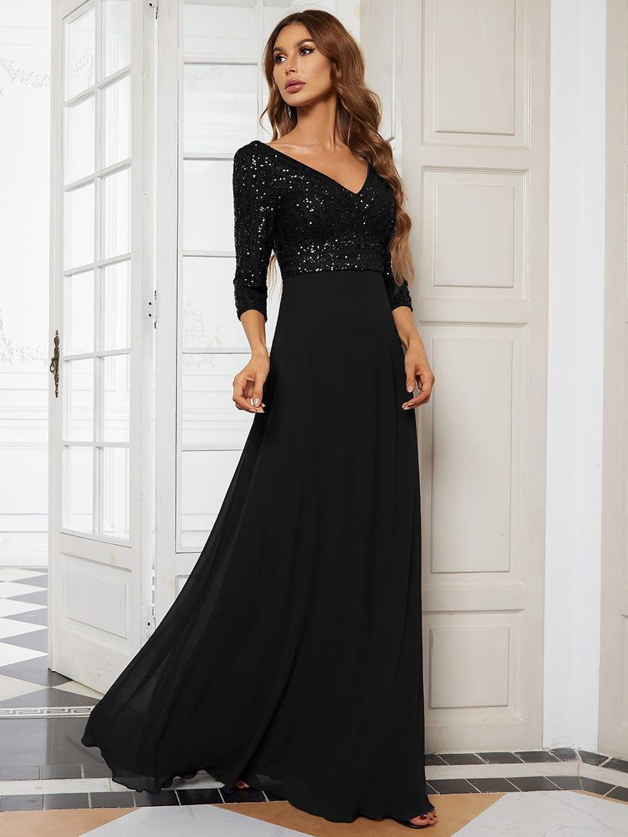 ever LUENA|Sexy V Neck A-Line Sequin Evening Dresses with 3/4 Sleeve