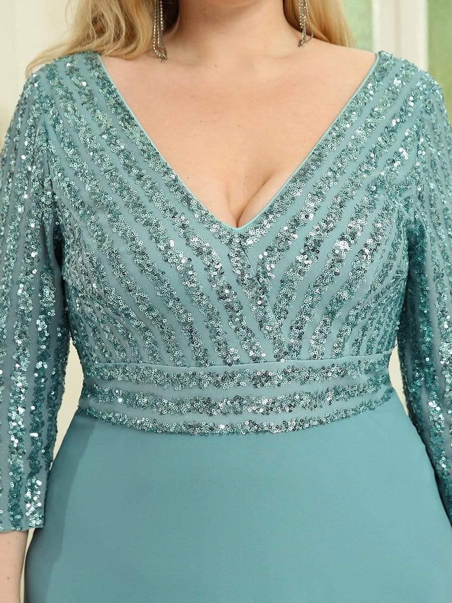 ever LUENA|Sexy V Neck A-Line Sequin Evening Dresses with 3/4 Sleeve