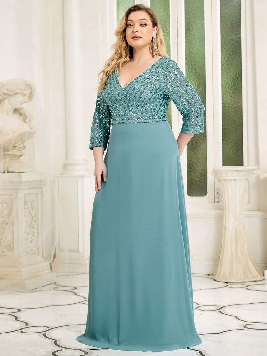 ever LUENA|Sexy V Neck A-Line Sequin Evening Dresses with 3/4 Sleeve