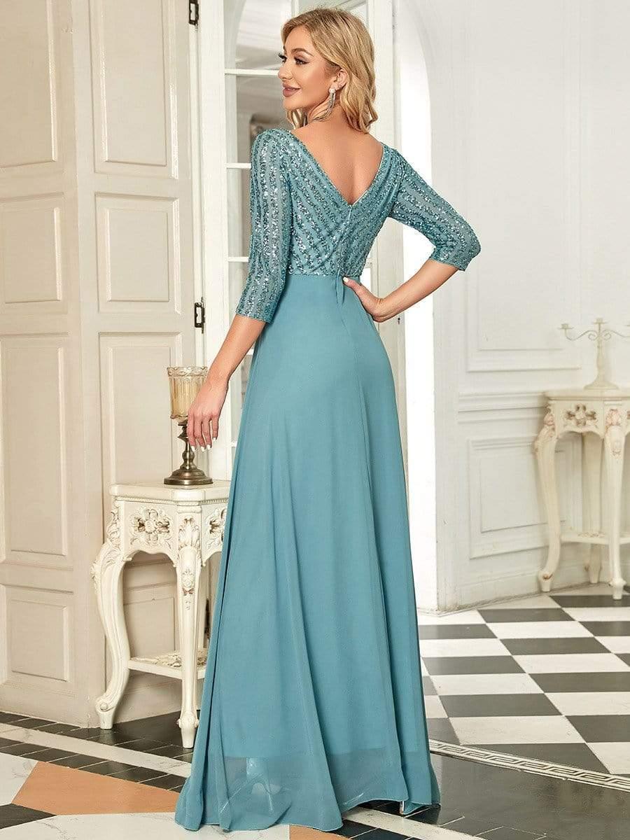 ever LUENA|Sexy V Neck A-Line Sequin Evening Dresses with 3/4 Sleeve