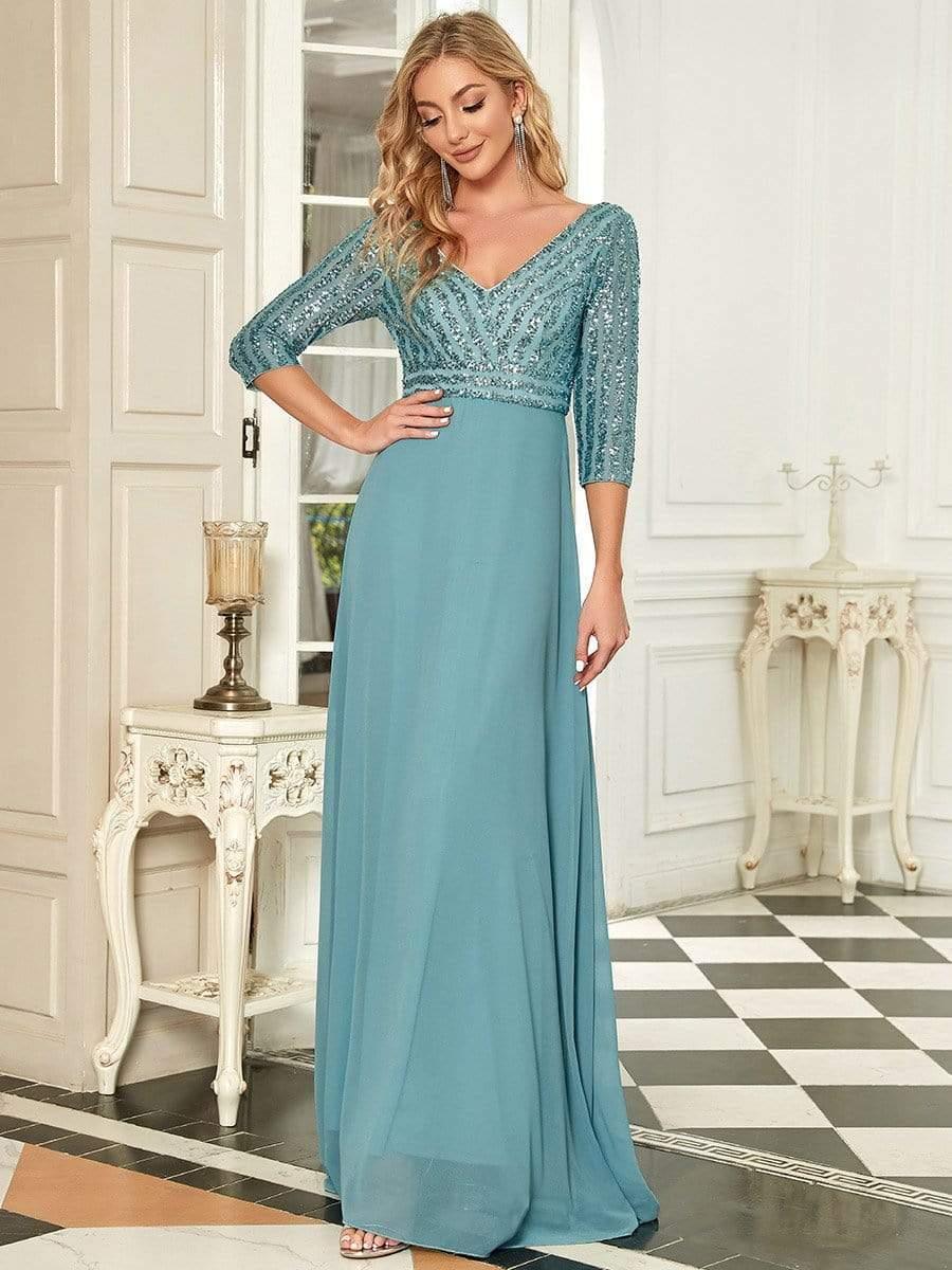 ever LUENA|Sexy V Neck A-Line Sequin Evening Dresses with 3/4 Sleeve