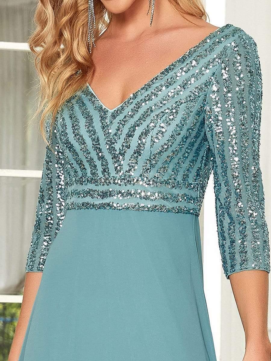 ever LUENA|Sexy V Neck A-Line Sequin Evening Dresses with 3/4 Sleeve