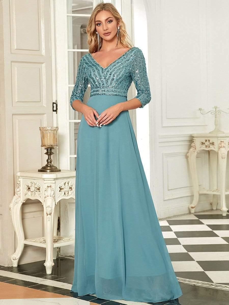 ever LUENA|Sexy V Neck A-Line Sequin Evening Dresses with 3/4 Sleeve