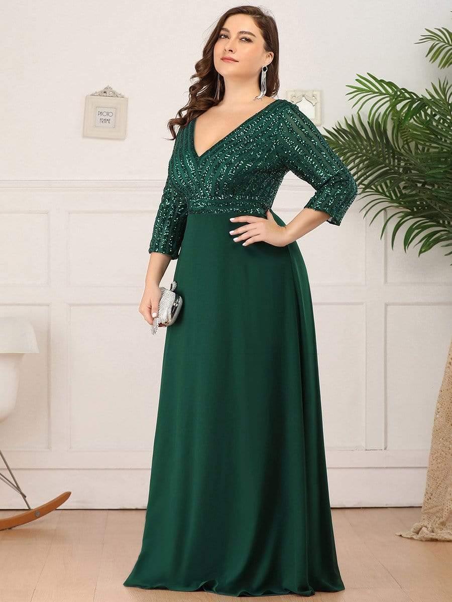 ever LUENA|Sexy V Neck A-Line Sequin Evening Dresses with 3/4 Sleeve