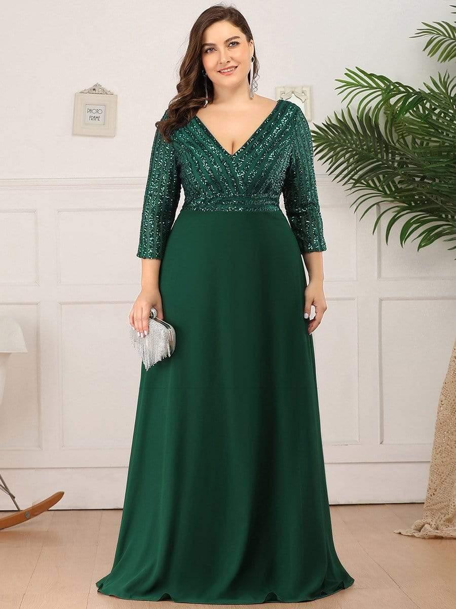 ever LUENA|Sexy V Neck A-Line Sequin Evening Dresses with 3/4 Sleeve
