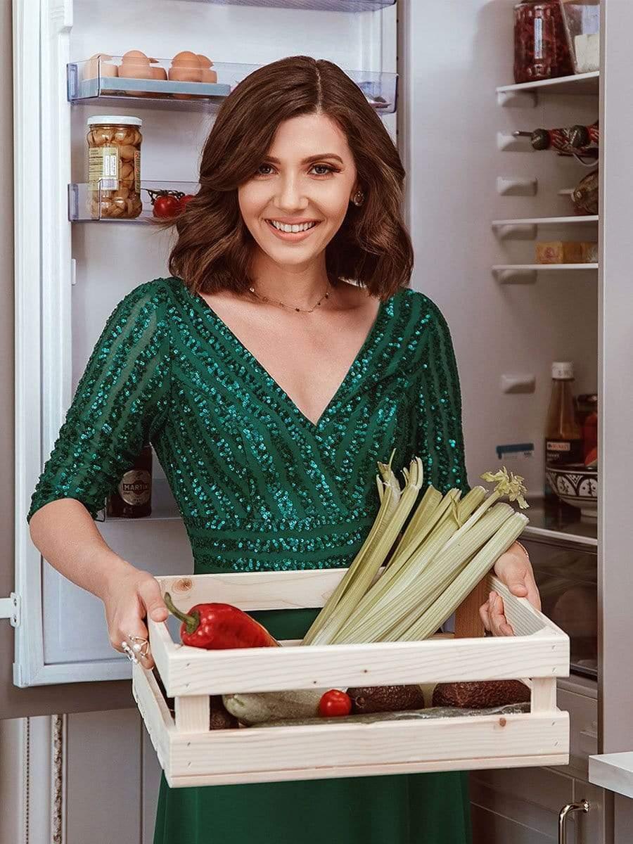 ever LUENA|Sexy V Neck A-Line Sequin Evening Dresses with 3/4 Sleeve